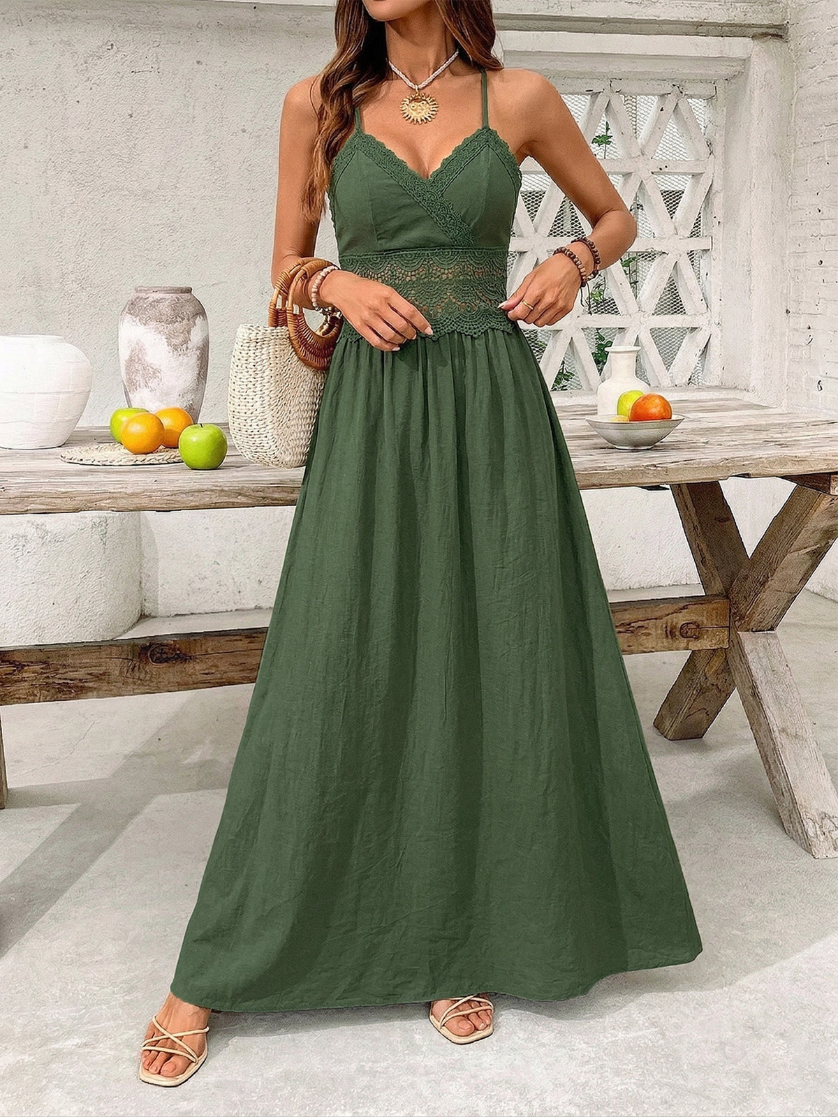 Crossback Lace Waist Flowy Maxi Sundress - Green