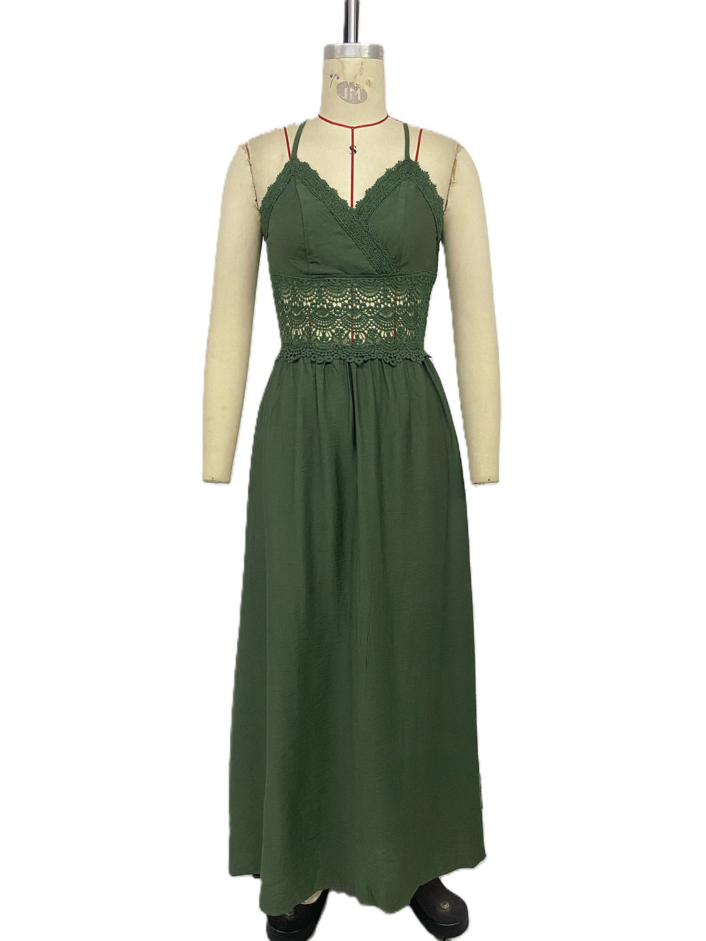 Crossback Lace Waist Flowy Maxi Sundress - Green - 1
