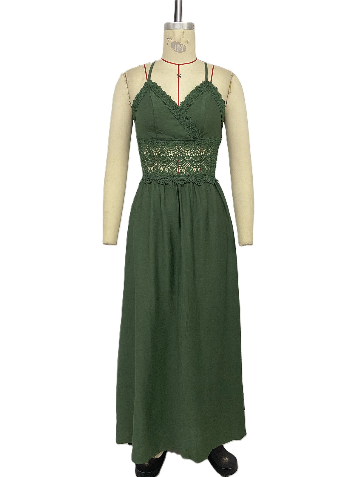 Crossback Lace Waist Flowy Maxi Sundress - Green - 1