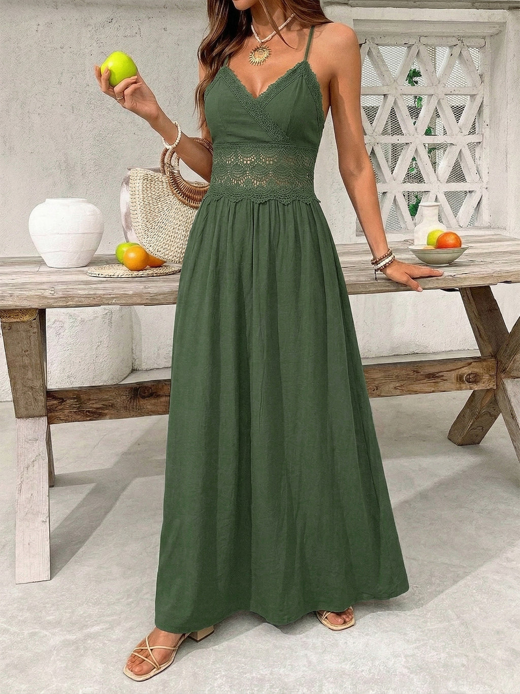 Crossback Lace Waist Flowy Maxi Sundress - Green - 5