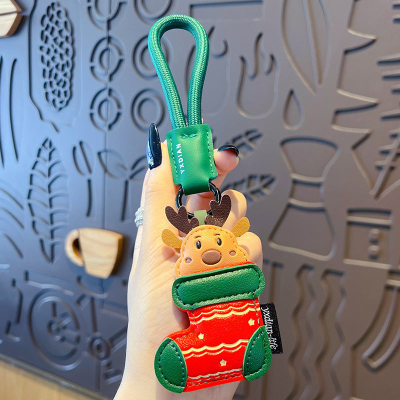 Christmas Tree Stocking Leather Keychain - Sock