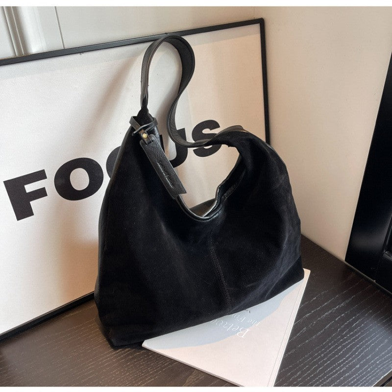Faux Suede Slouchy Hobo Shoulder Bag - Black