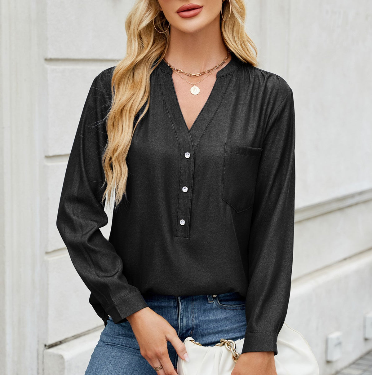 V-Neck Button Placket Pocket Shirt - Black - 1