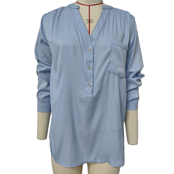V-Neck Button Placket Pocket Shirt - Blue
