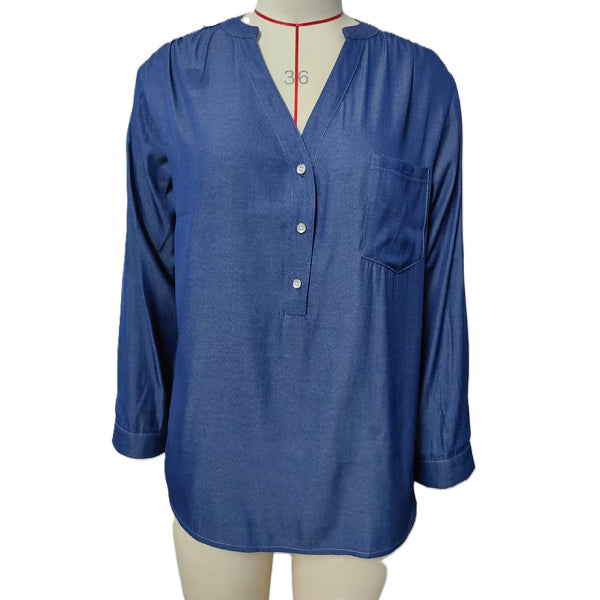 V-Neck Button Placket Pocket Shirt - Darkblue