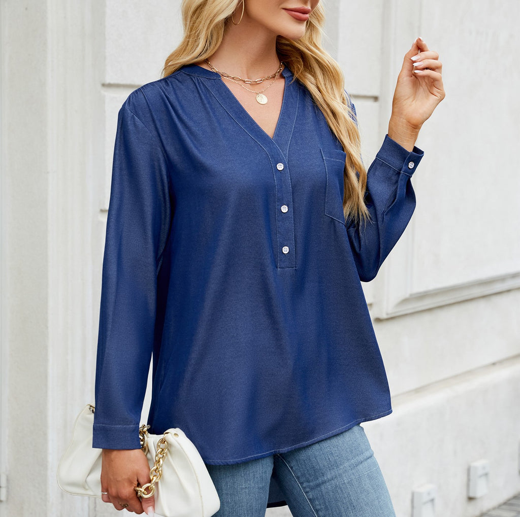 V-Neck Button Placket Pocket Shirt - Darkblue - 1