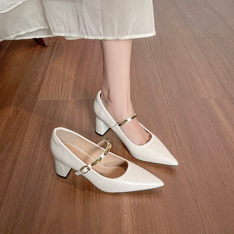 Pointed Toe Gold Bar Block Heel Mary Janes - Pearl White