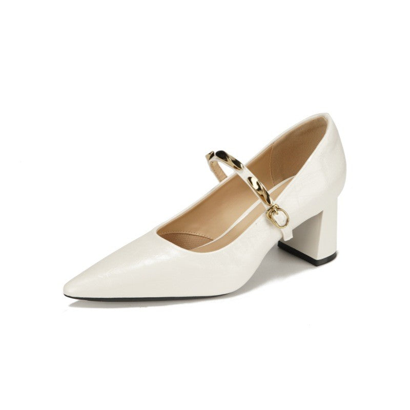 Pointed Toe Gold Bar Block Heel Mary Janes