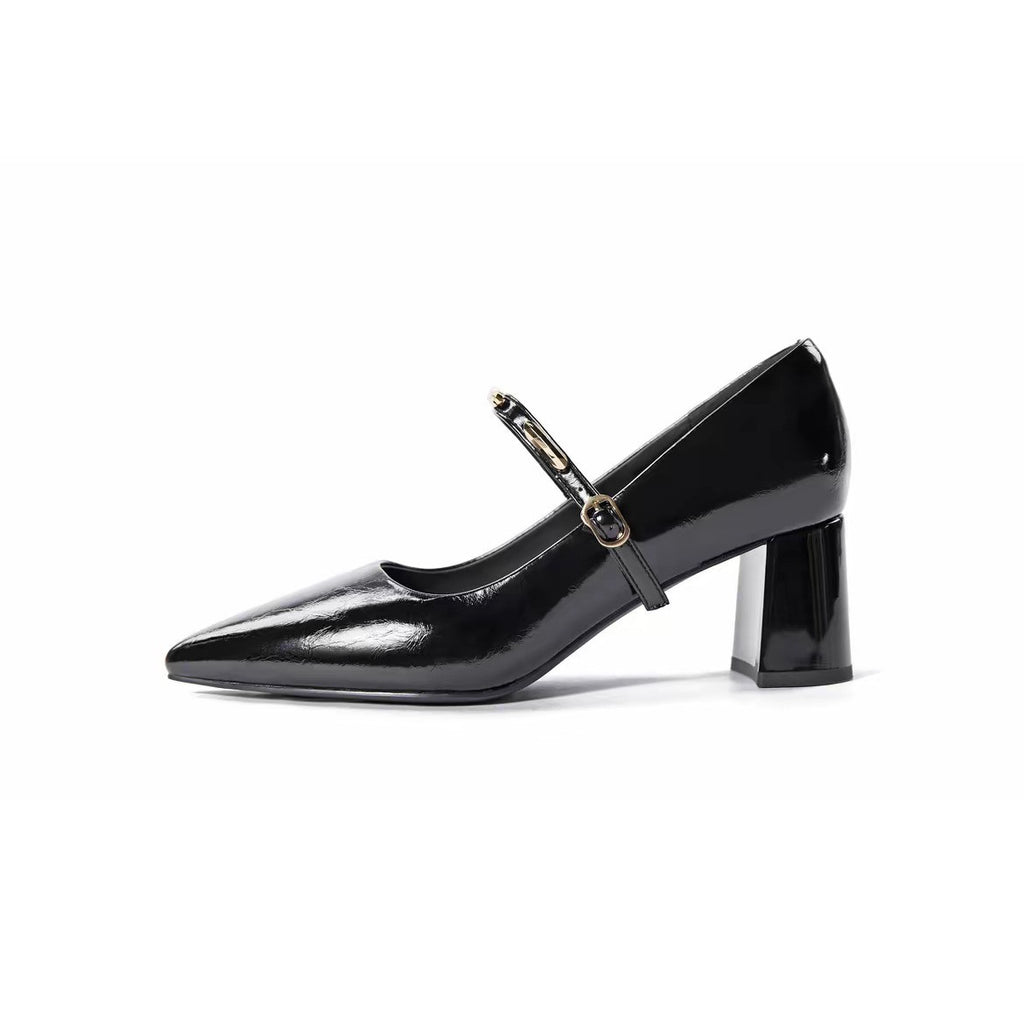 Pointed Toe Gold Bar Block Heel Mary Janes