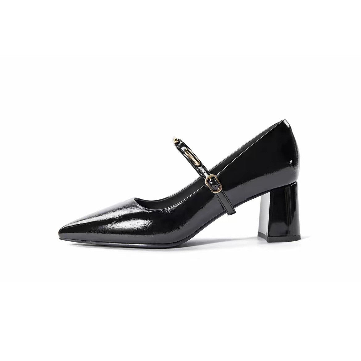 Pointed Toe Gold Bar Block Heel Mary Janes