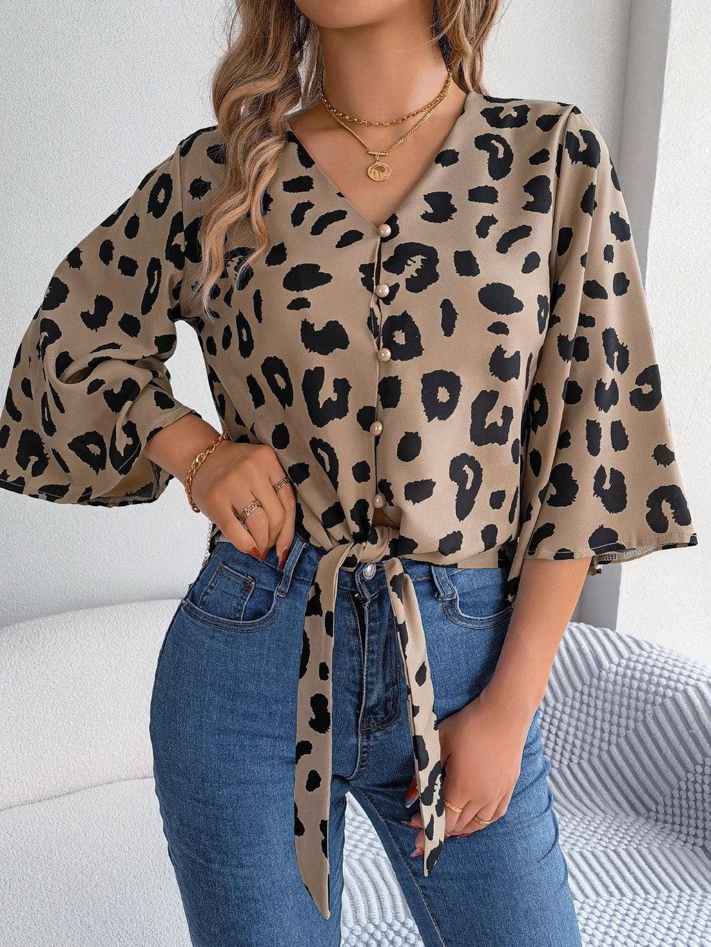 Leopard Print Tie Hem Button Blouse - Khaki