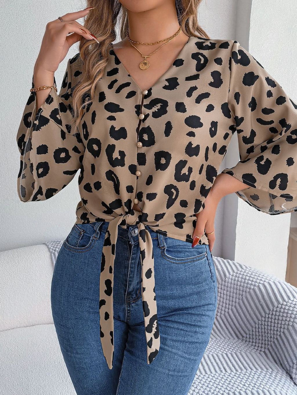 Leopard Print Tie Hem Button Blouse - Khaki - 1