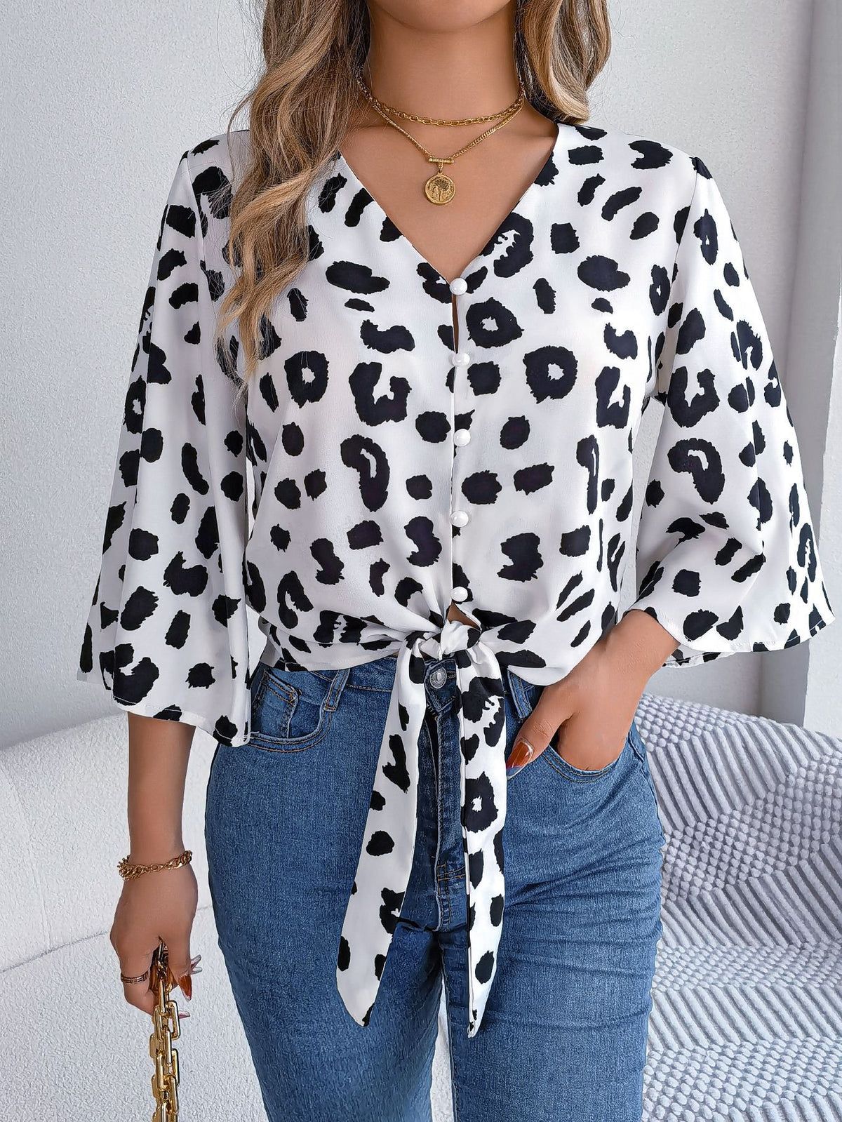 Leopard Print Tie Hem Button Blouse - White