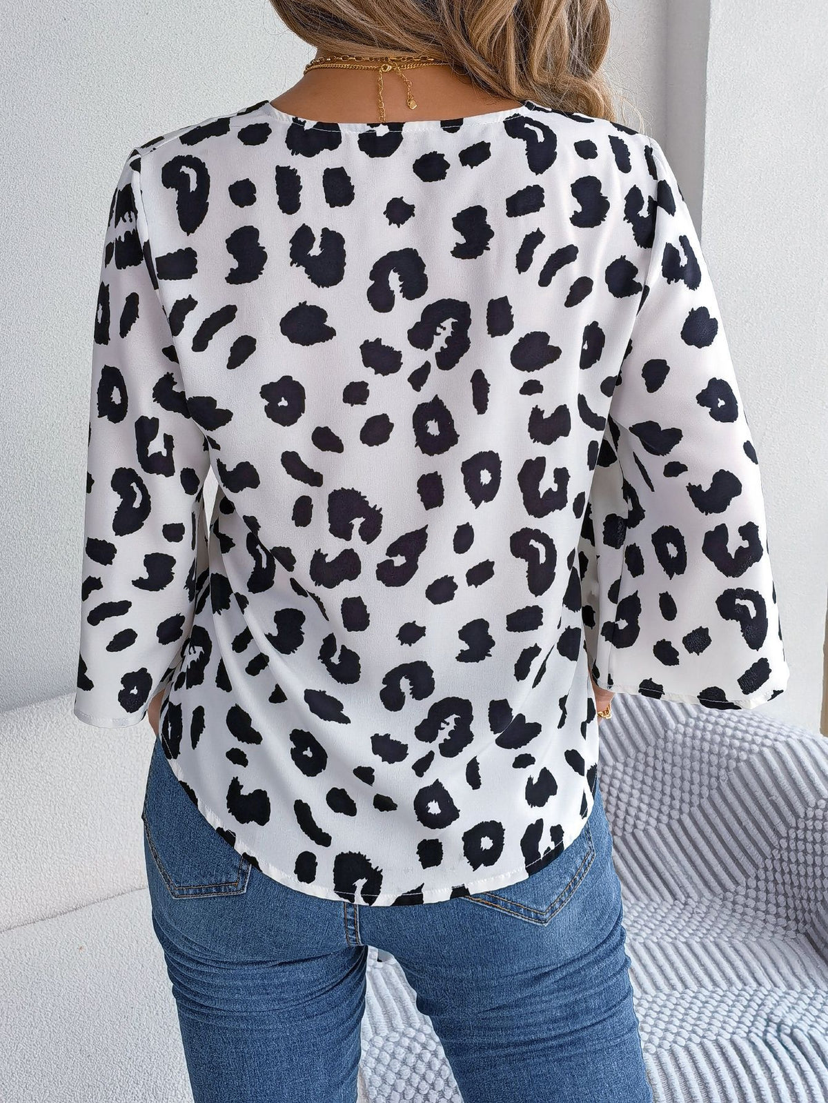 Leopard Print Tie Hem Button Blouse - White - 1