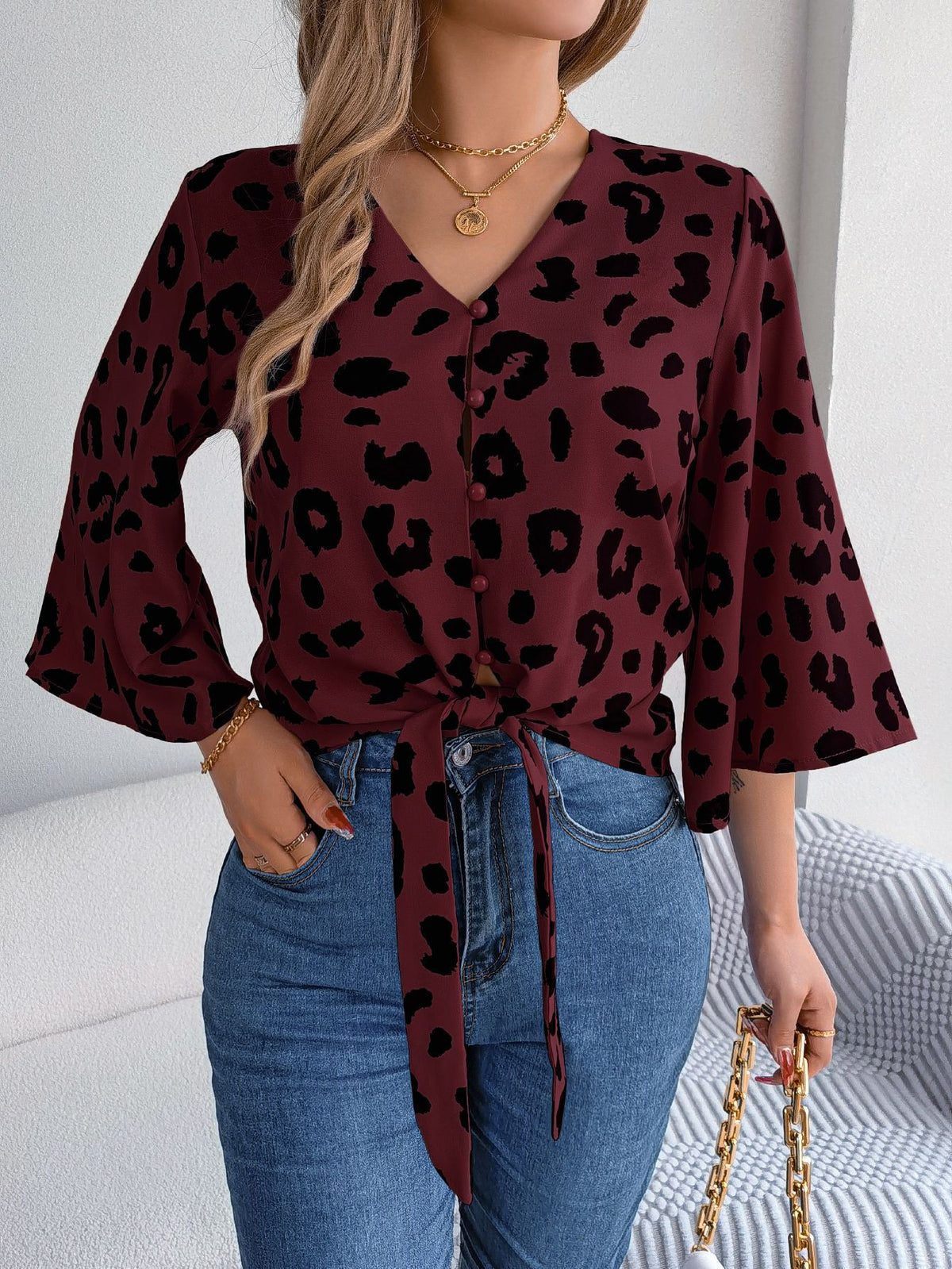 Leopard Print Tie Hem Button Blouse - Winered