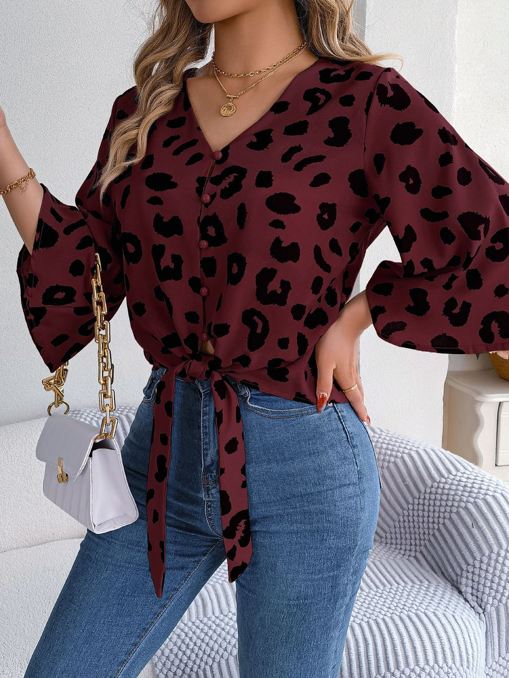 Leopard Print Tie Hem Button Blouse - Winered - 1