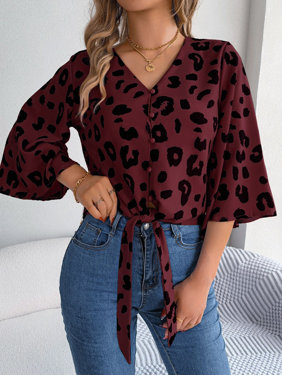 Leopard Print Tie Hem Button Blouse - Winered - 2