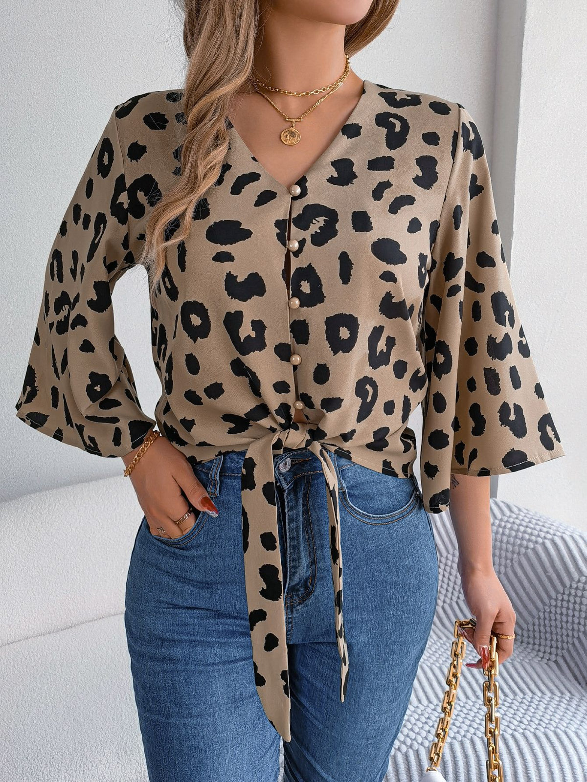 Leopard Print Tie Hem Button Blouse