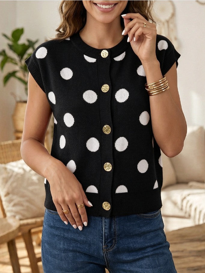 Polka Dot Button Front Knit Vest - Black
