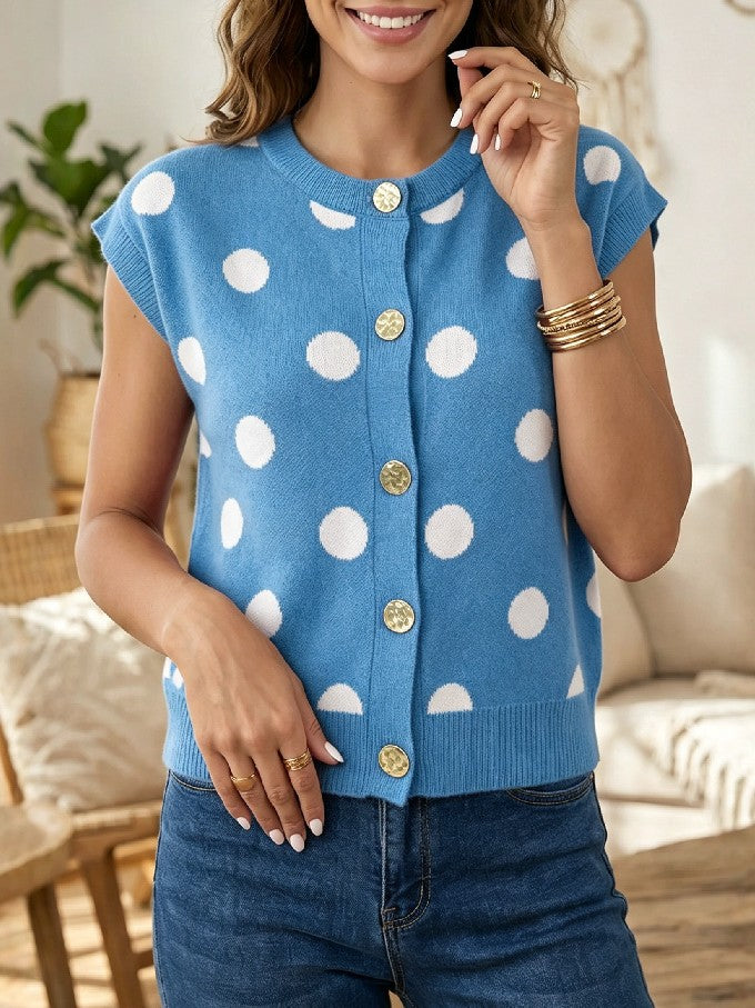 Polka Dot Button Front Knit Vest - Blue