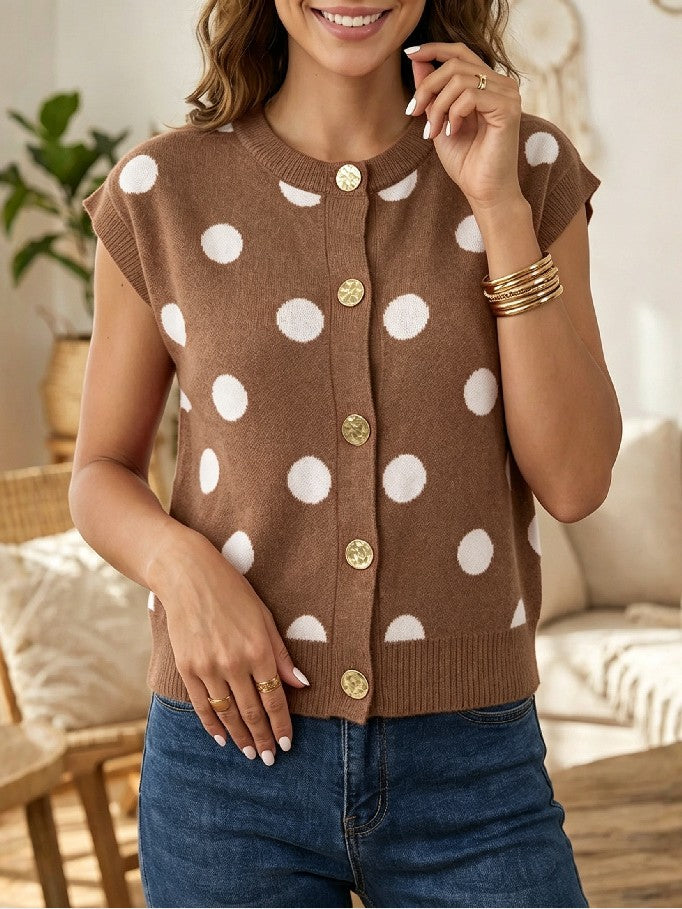 Polka Dot Button Front Knit Vest - Coffee