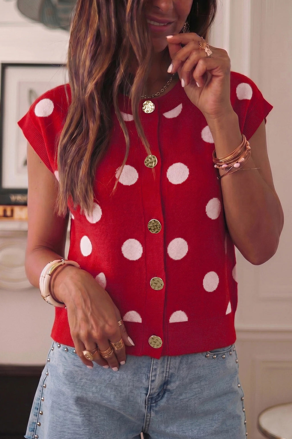 Polka Dot Button Front Knit Vest - Red