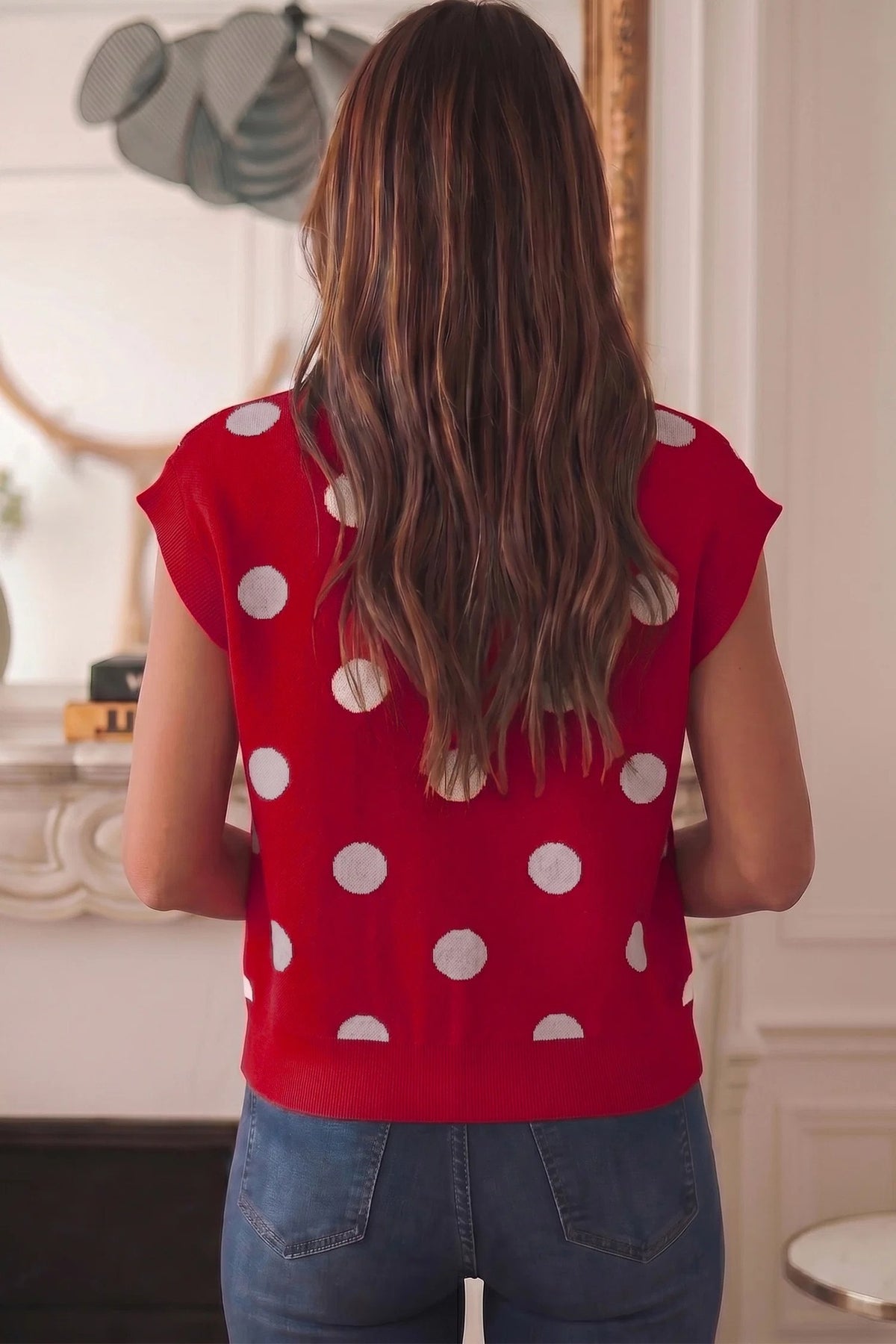Polka Dot Button Front Knit Vest - Red - 1