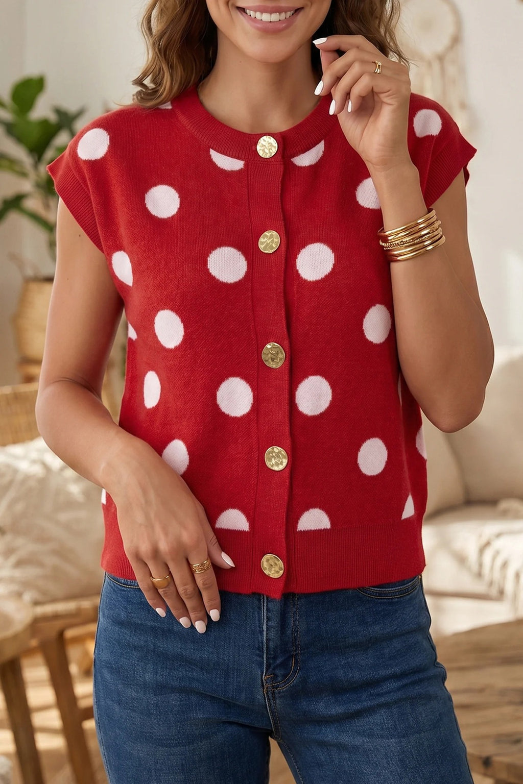 Polka Dot Button Front Knit Vest - Red - 2