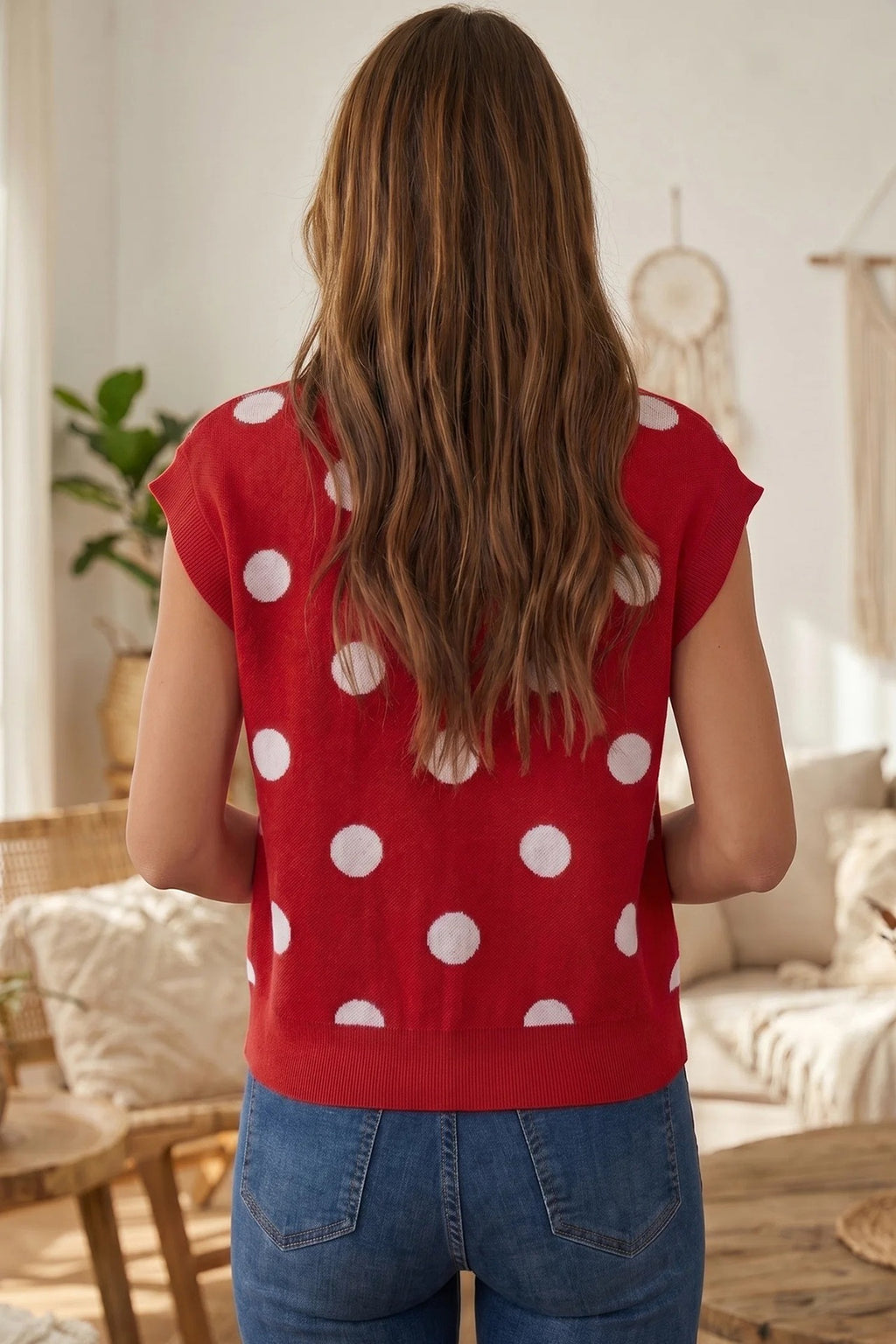 Polka Dot Button Front Knit Vest - Red - 3