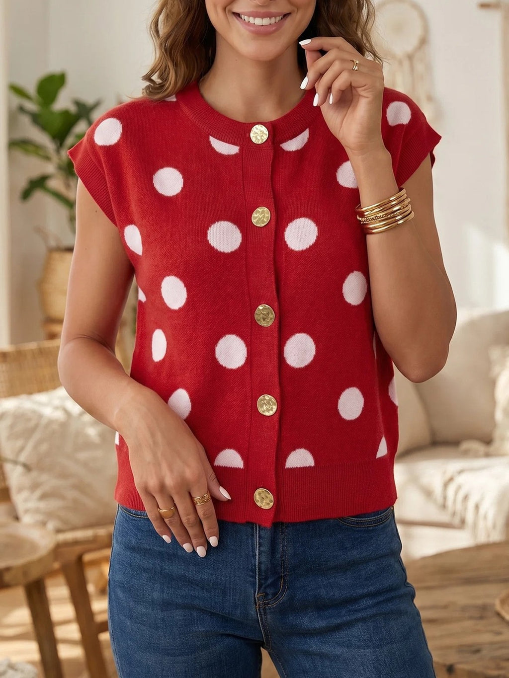 Polka Dot Button Front Knit Vest - Red - 4