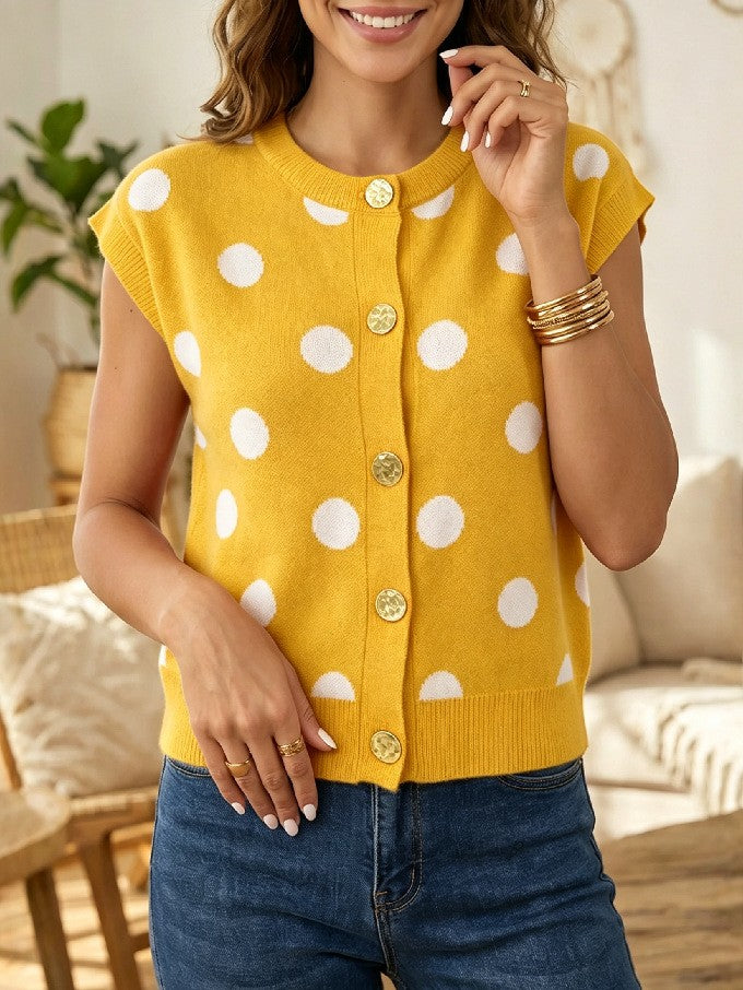 Polka Dot Button Front Knit Vest - Yellow