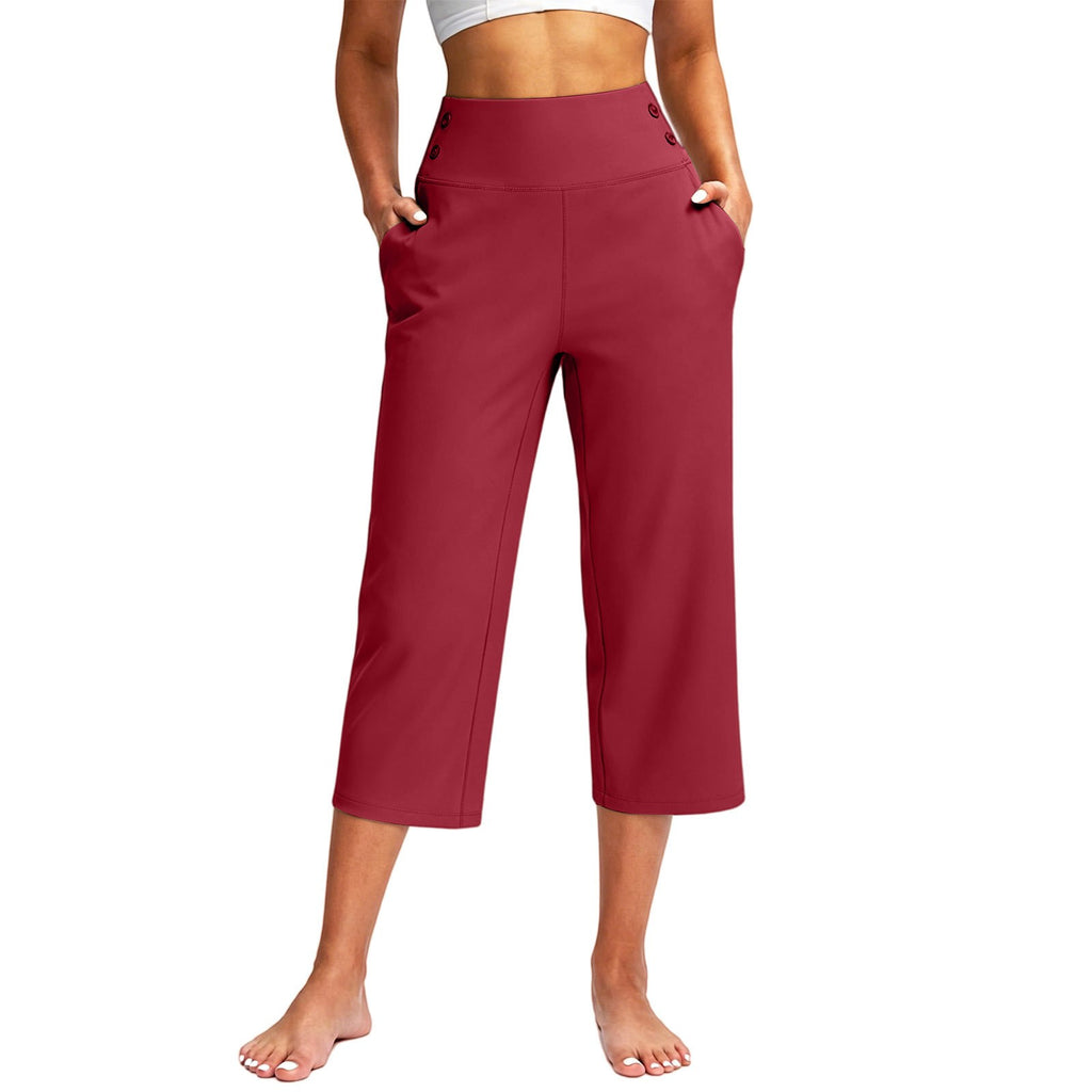 Button Detail High Waist Wide Leg Capri Yoga Pants - Burgundy