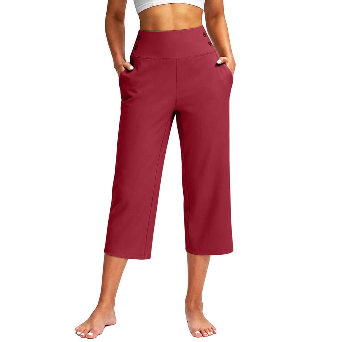 Button Detail High Waist Wide Leg Capri Yoga Pants - Burgundy