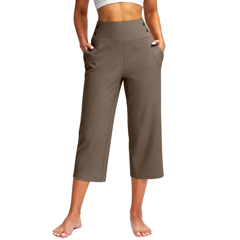 Button Detail High Waist Wide Leg Capri Yoga Pants - Coffee