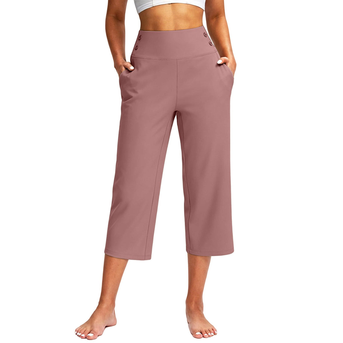 Button Detail High Waist Wide Leg Capri Yoga Pants - Dusty Rose
