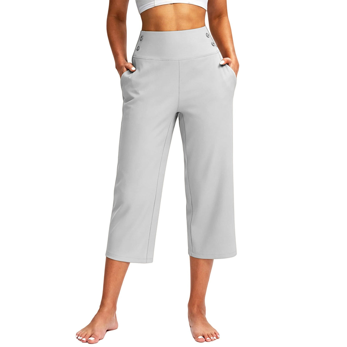 Button Detail High Waist Wide Leg Capri Yoga Pants - Light Gray