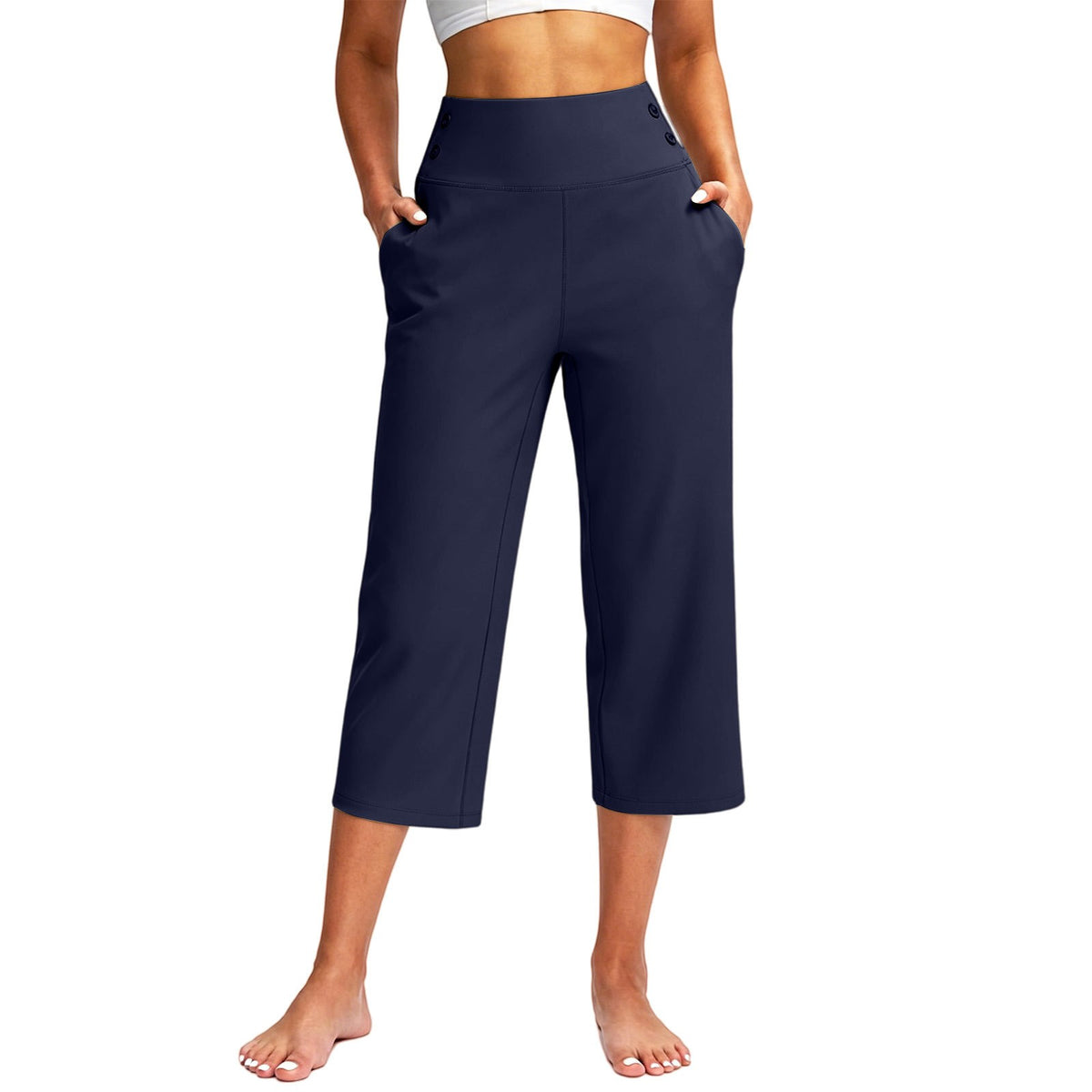 Button Detail High Waist Wide Leg Capri Yoga Pants - Navy