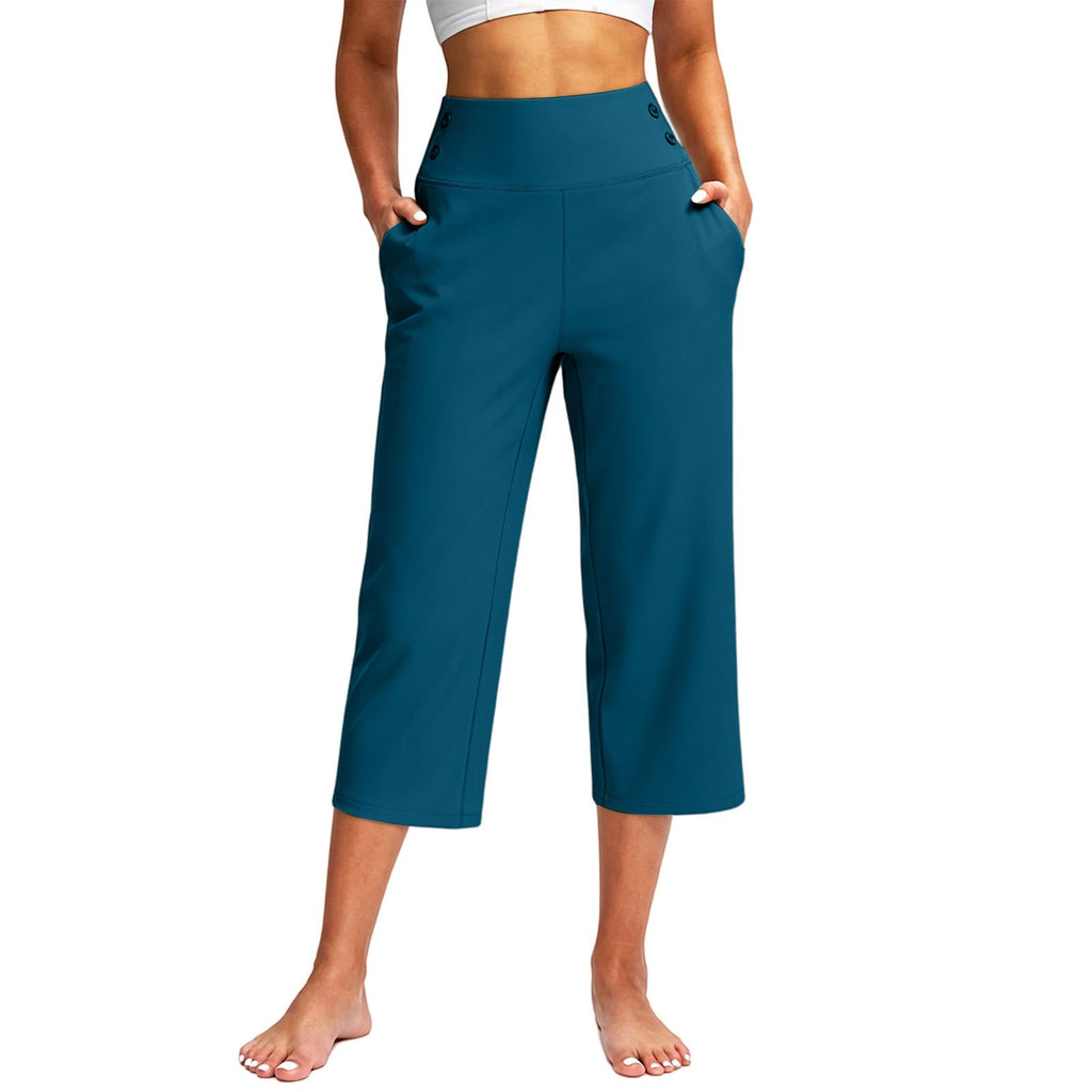 Button Detail High Waist Wide Leg Capri Yoga Pants - Teal Blue