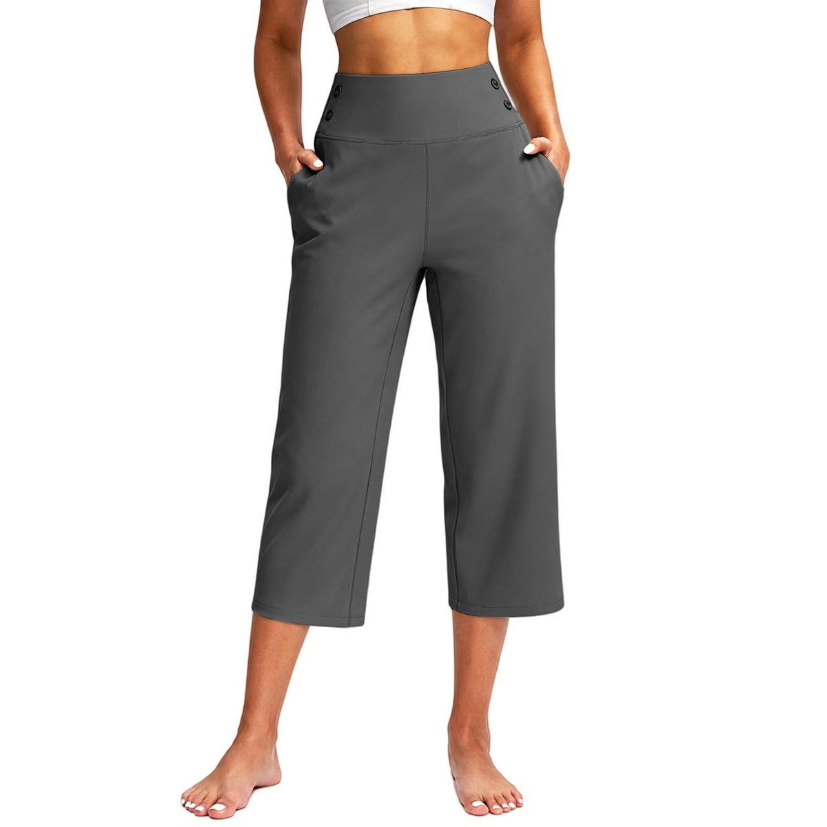 Button Detail High Waist Wide Leg Capri Yoga Pants