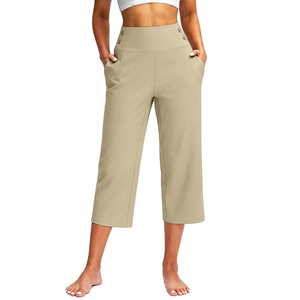 Button Detail High Waist Wide Leg Capri Yoga Pants