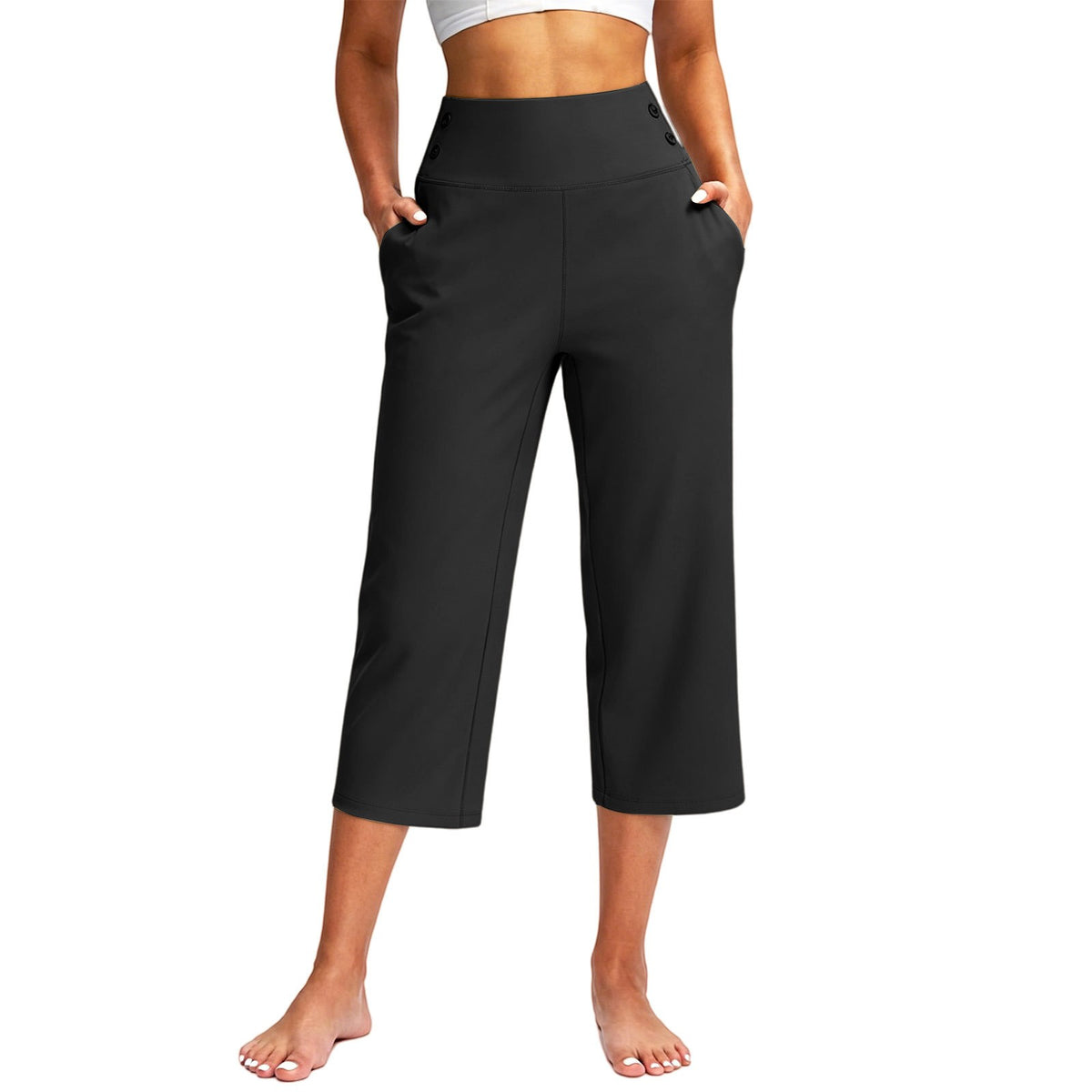 Button Detail High Waist Wide Leg Capri Yoga Pants