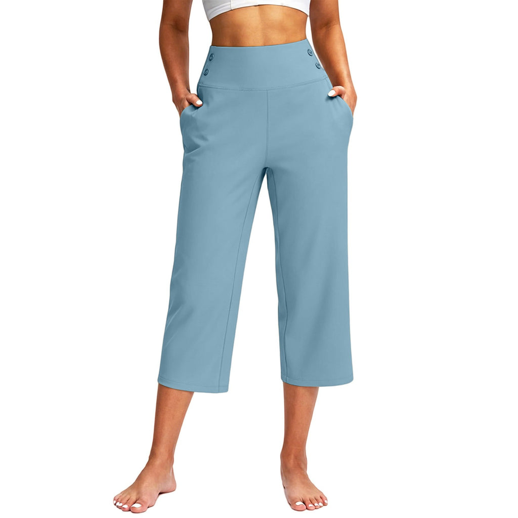 Button Detail High Waist Wide Leg Capri Yoga Pants