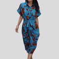 Floral Print Tie Waist Draped Shirt Dress - Blue