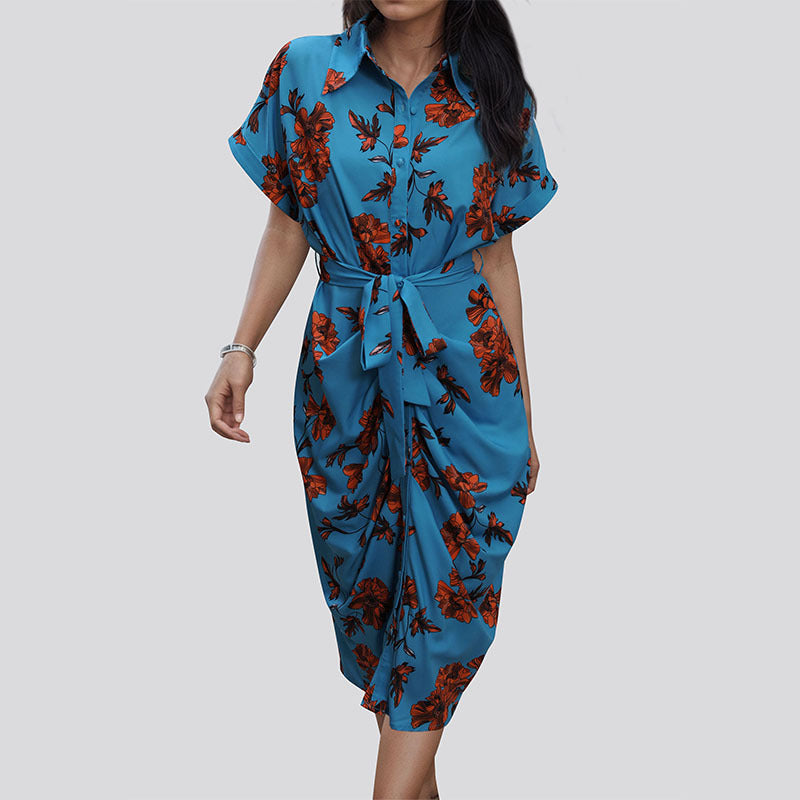 Floral Print Tie Waist Draped Shirt Dress - Blue