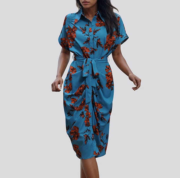 Floral Print Tie Waist Draped Shirt Dress - Blue - 1