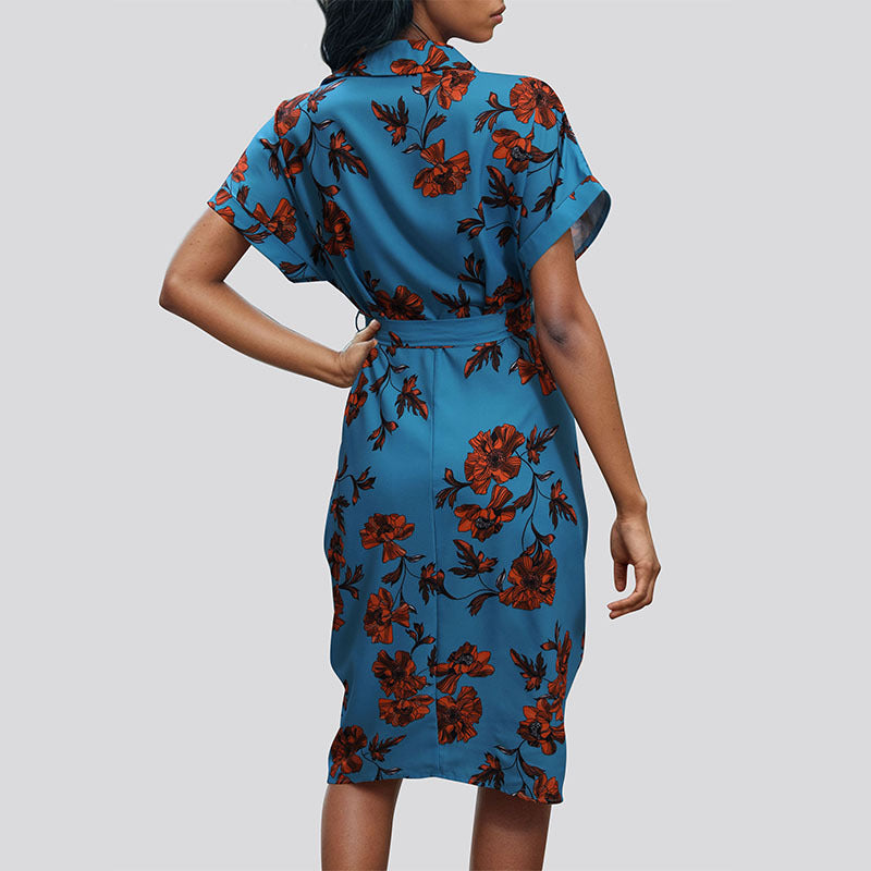 Floral Print Tie Waist Draped Shirt Dress - Blue - 2