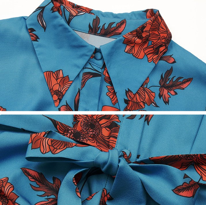 Floral Print Tie Waist Draped Shirt Dress - Blue - 4