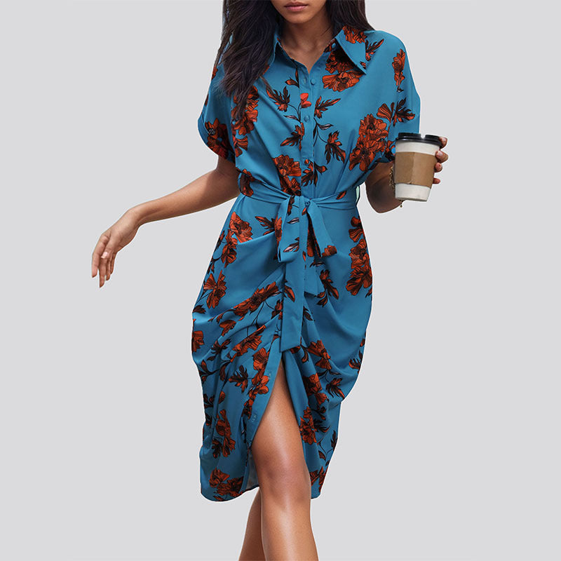 Floral Print Tie Waist Draped Shirt Dress