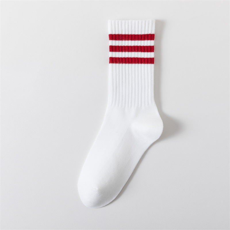 Triple Stripe Cotton Tube Socks - Red