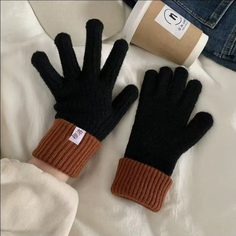 Color Block Ribbed Cuff Knit Gloves - Black